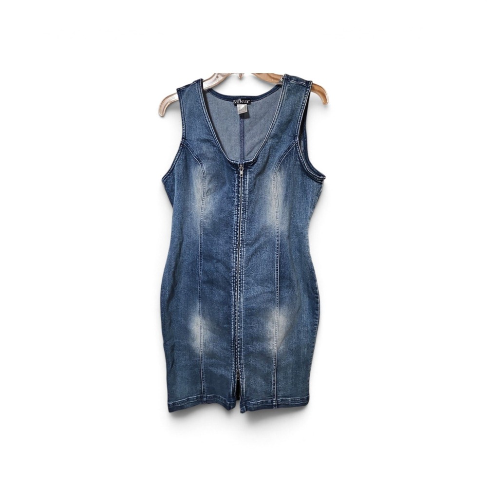 Venus Womens Blue Denim Sleeveless Zip Front V-Neck Bodycon Mini Dress 14 0594